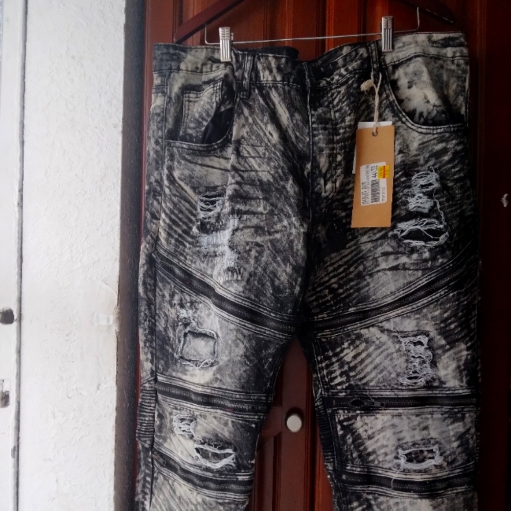 Smoke Rise moto pants denim jeans men's size 44x32 black marble